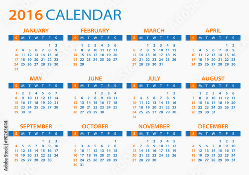 2016 Calendar - illustration. Vector template of 2016 calendar.