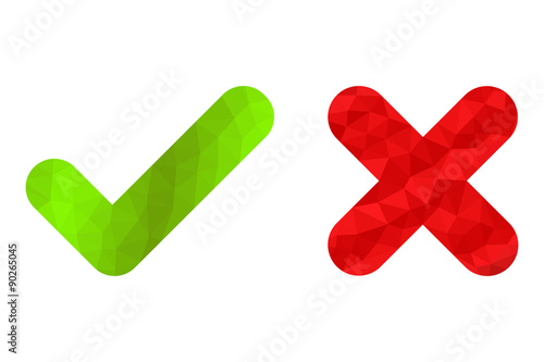 Polygon style green check mark and red cross with rounded edges isolated on white background. Modern geometric design for yes and no answers.