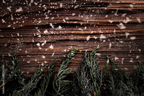 Christmas pine tree with snow on wooden board background with copy space (Vintage color tone)