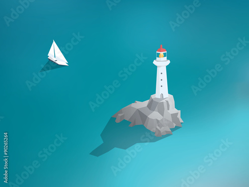 Lighthouse in ocean. Low poly design building. Sea scenery with