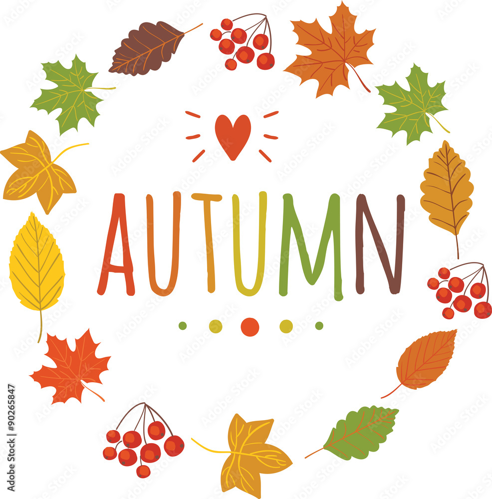 Autumn banner, with hand drawn text and autumn leaf, red heart background. Sketch, design elements. Vector illustration