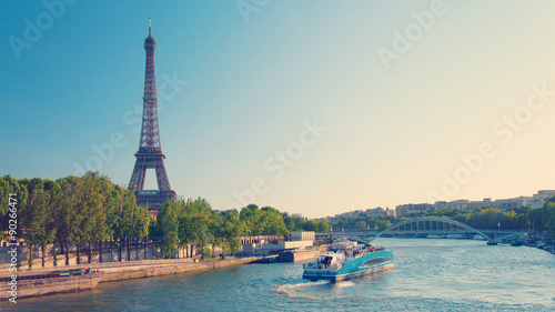 Photography Paris skyline with Eiffel Tower and Seine River