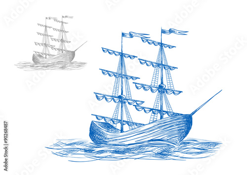 Medieval sail ship in ocean waves