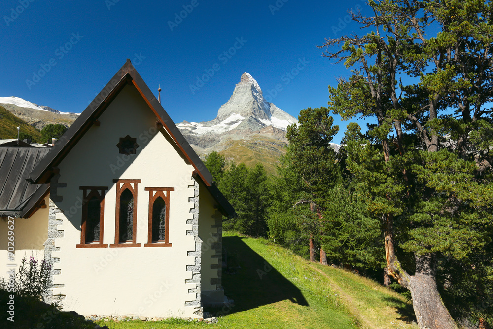 View of the Riffelalp Chapel and the Matterhorn, Zermatt, Switzerland