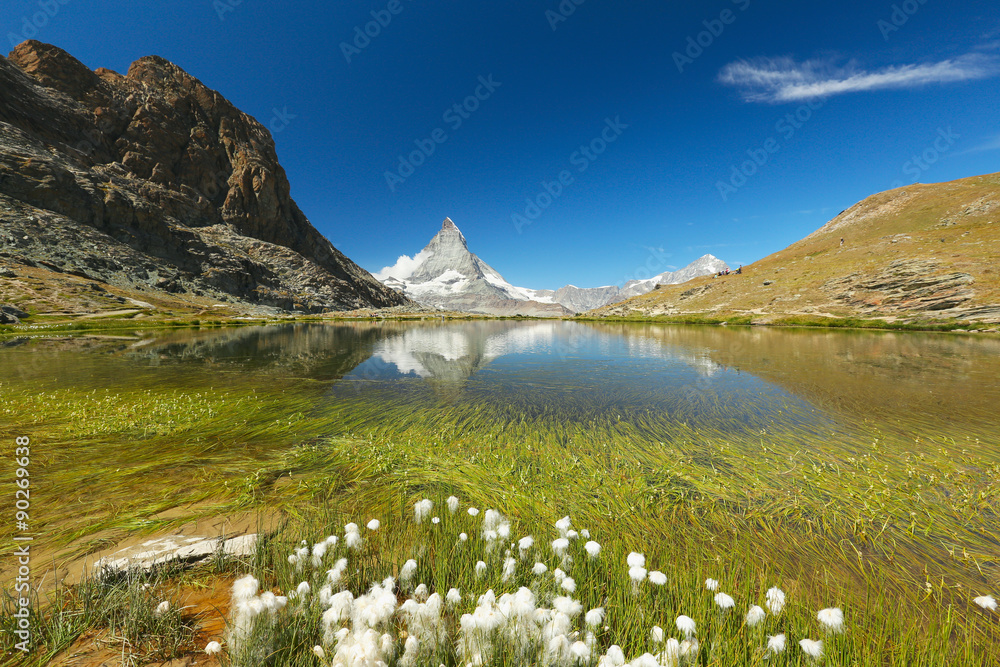 View of the lake Riffelsee and Matterhorn, Zermatt, Switzerland 