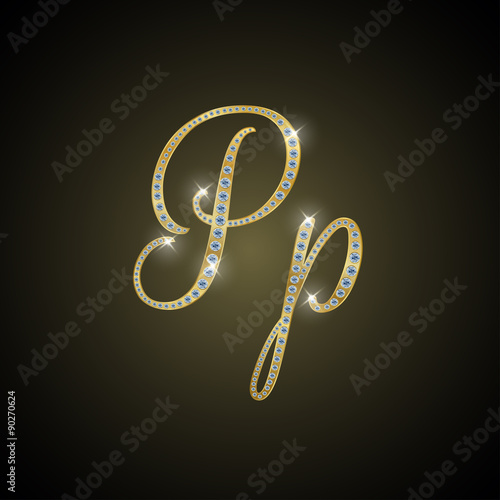 Shiny alphabet "P" of gold and diamond