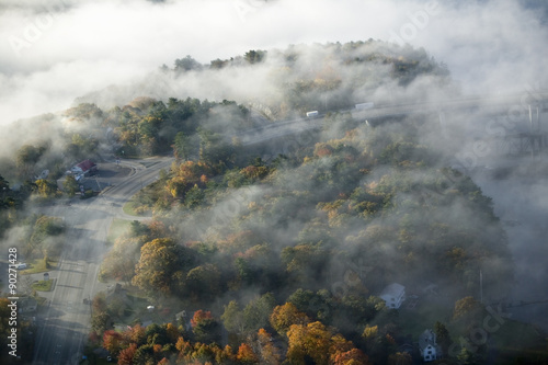 Aerial view of fog over Bath, Maine