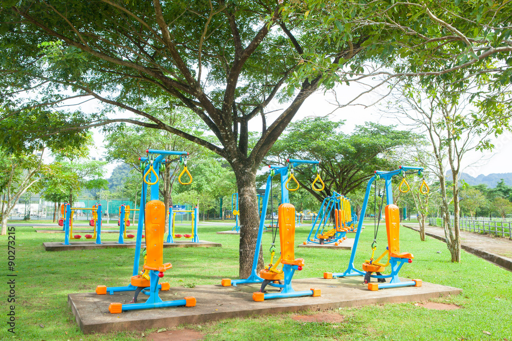 Exercise equipment in public park in the morning at Thailand