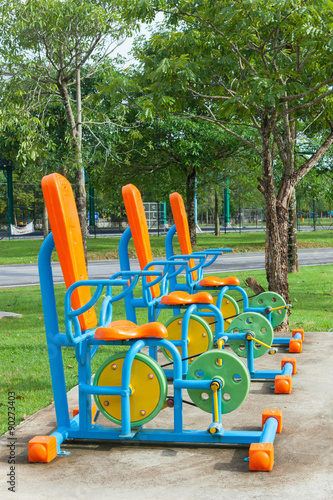 Exercise equipment in public park in the morning at Thailand
