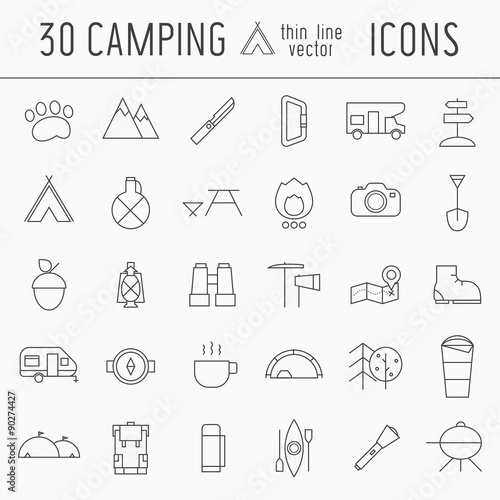 Camping Thin Line Icon Set of Adventure Elements