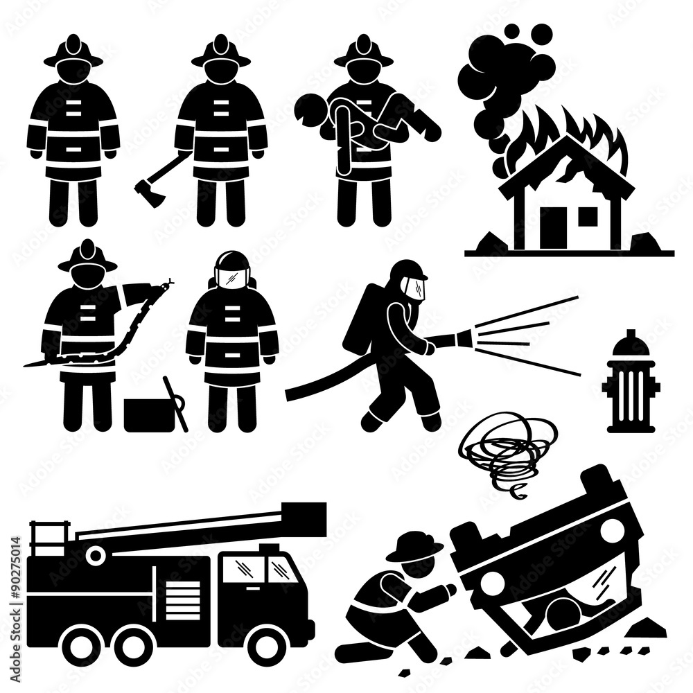 Fototapeta premium Firefighter Fireman Rescue Stick Figure Pictogram Icons