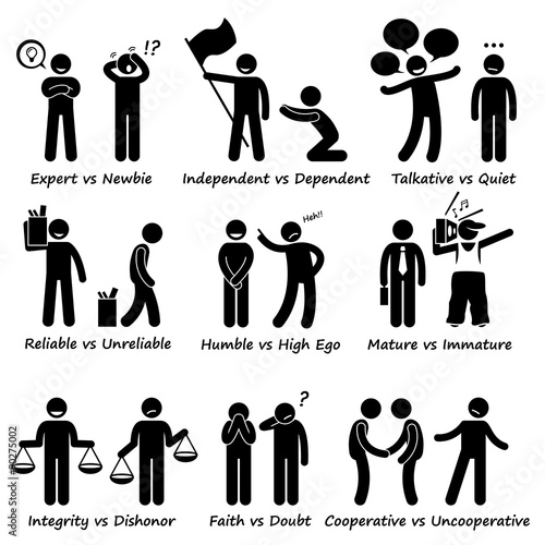 Human Opposite Behaviour Positive vs Negative Character Traits Stick Figure Pictogram Icons