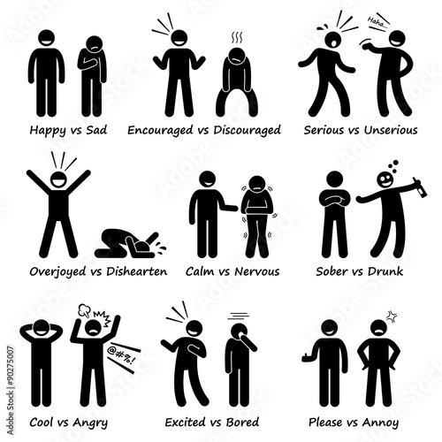 Opposite Feeling Emotions Positive vs Negative Actions Stick Figure Pictogram Icons