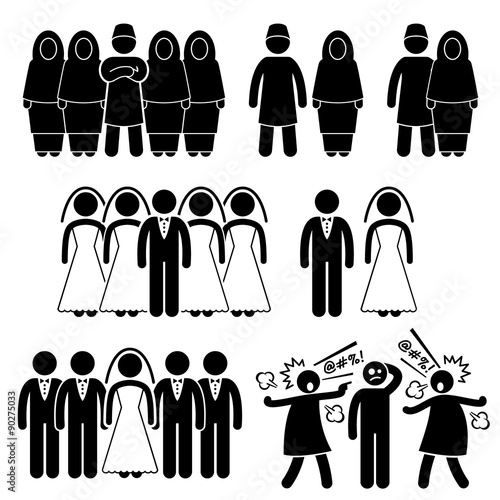 Polygamy Marriage Multiple Wife Husband Stick Figure Pictogram Icons