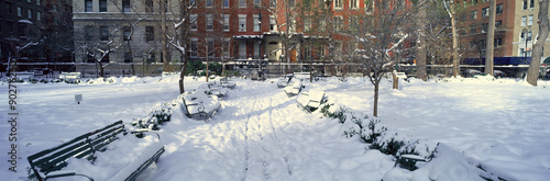 Panoramic view of historic homes and Gramercy Park, Manhattan, New York City, New York after winter snowstorm photo