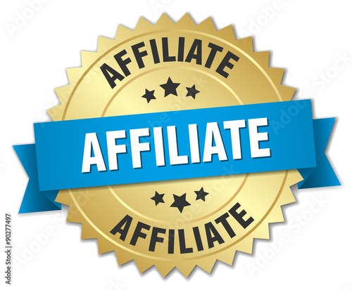 affiliate 3d gold badge with blue ribbon