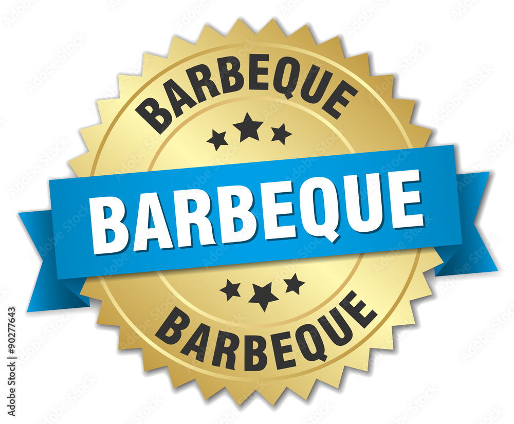 barbeque 3d gold badge with blue ribbon barbeque 3d gold badge with blue ribbon