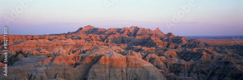Sunset panoramic view of mountains in Badlands National Park in South Dakota photo