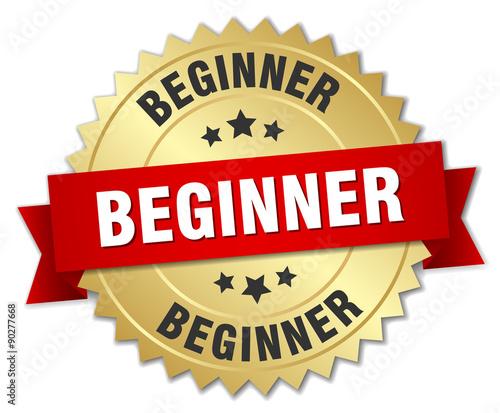 beginner 3d gold badge with red ribbon