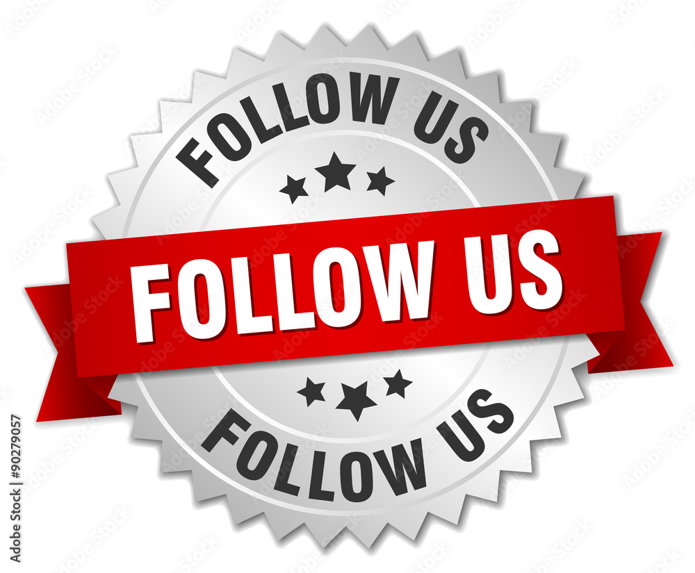 follow us 3d silver badge with red ribbon follow us 3d silver badge with red ribbon