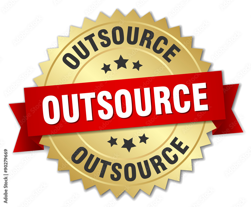 outsource 3d gold badge with red ribbon outsource 3d gold badge with red ribbon