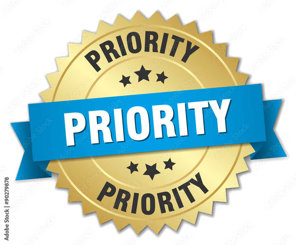 priority 3d gold badge with blue ribbon