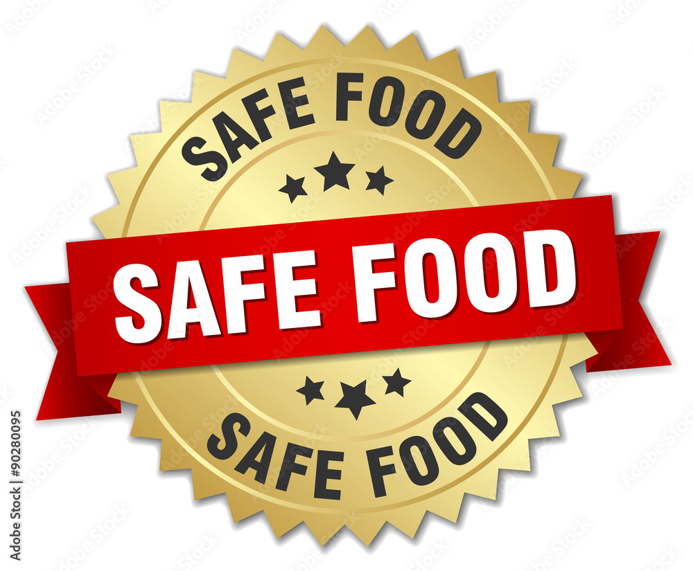 safe food 3d gold badge with red ribbon