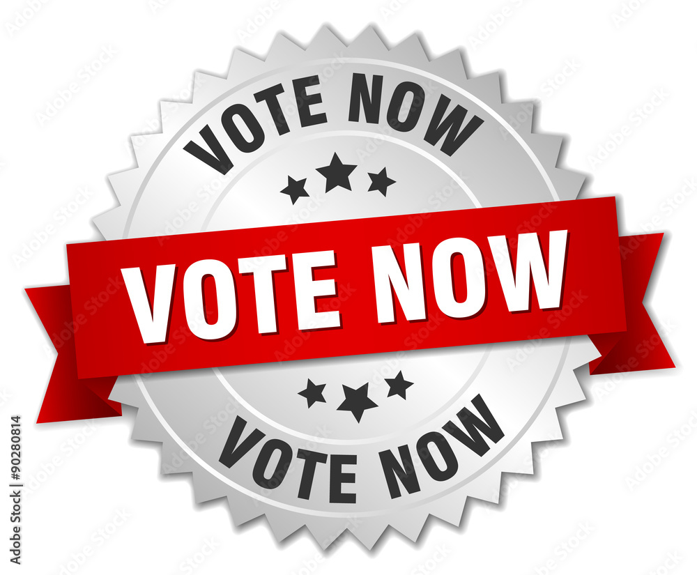 vote now 3d silver badge with red ribbon vote now 3d silver badge with red ribbon