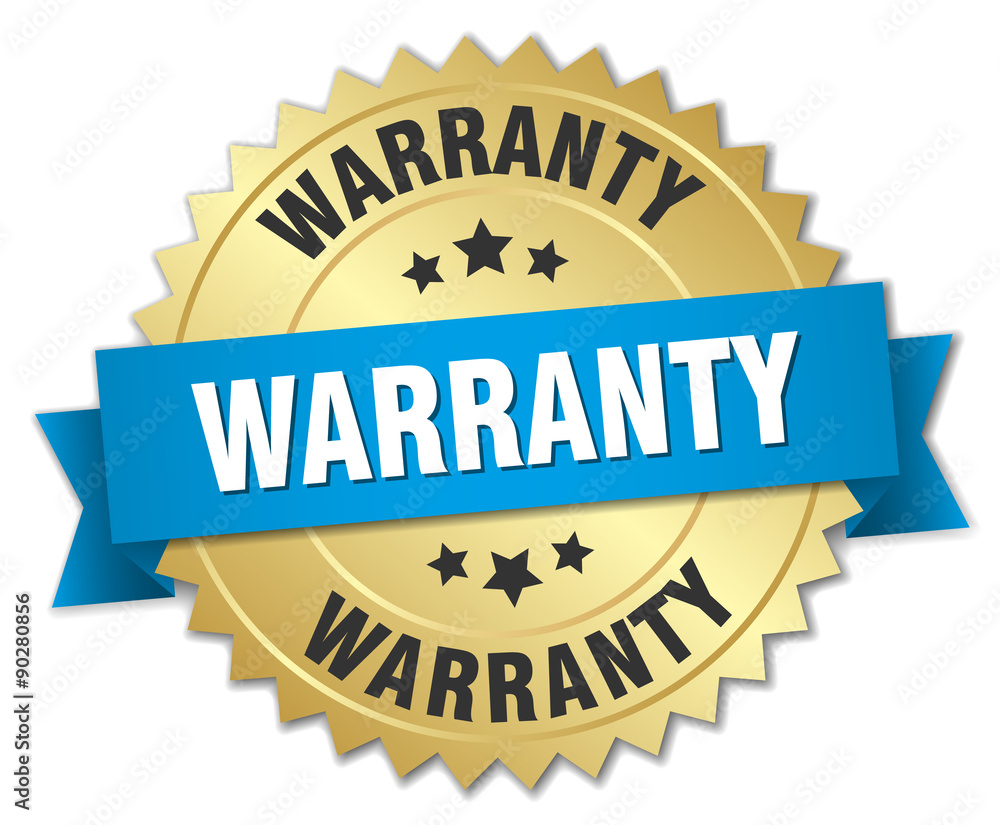 warranty 3d gold badge with blue ribbon