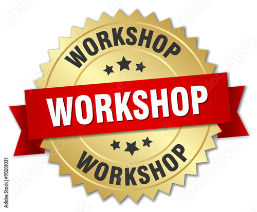 workshop 3d gold badge with red ribbon