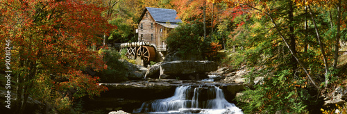 Panoramic of Glade Creek Grist Mil and autumn reflections and waterfall in Babcock State Park, WV © spiritofamerica