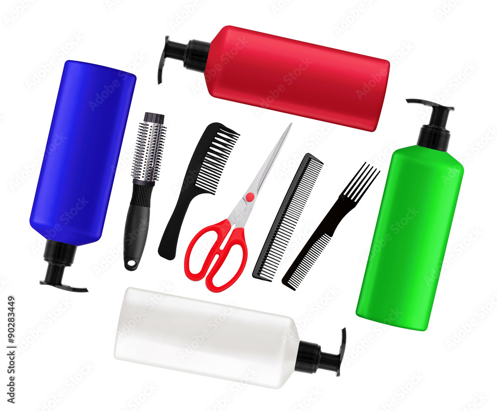 Shampoo bottles, red scissors and combs isolated on white Shampoo bottles, red scissors and combs isolated on white
