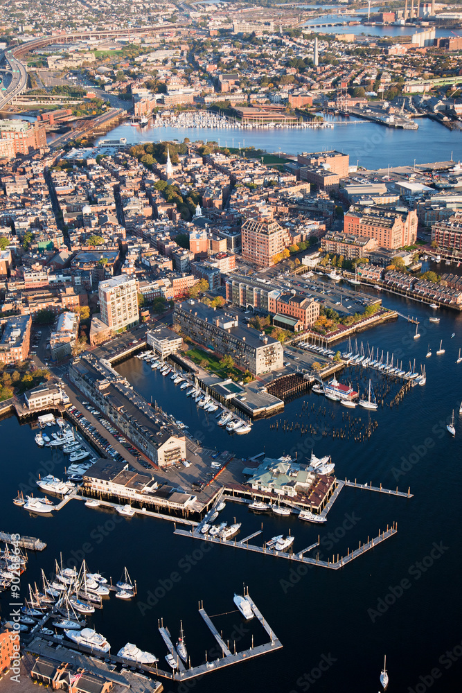 AERIAL morning view of harbor of Boston, MA.