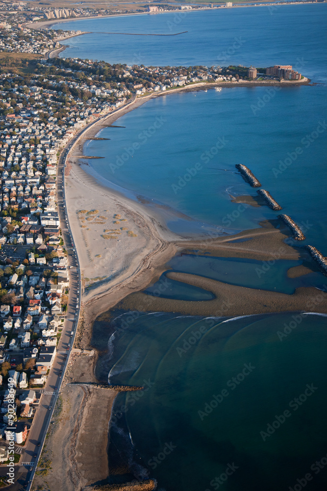 AERIAL VIEW of Winthrop Parkway, Winthrop-by-the-sea, Massachusetts Bay, Boston, MA, morning view of beach town.