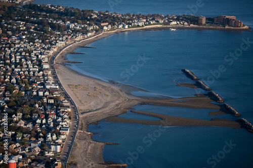 AERIAL VIEW of Winthrop Parkway, Winthrop-by-the-sea, Massachusetts Bay, Boston, MA, morning view of beach town. © spiritofamerica