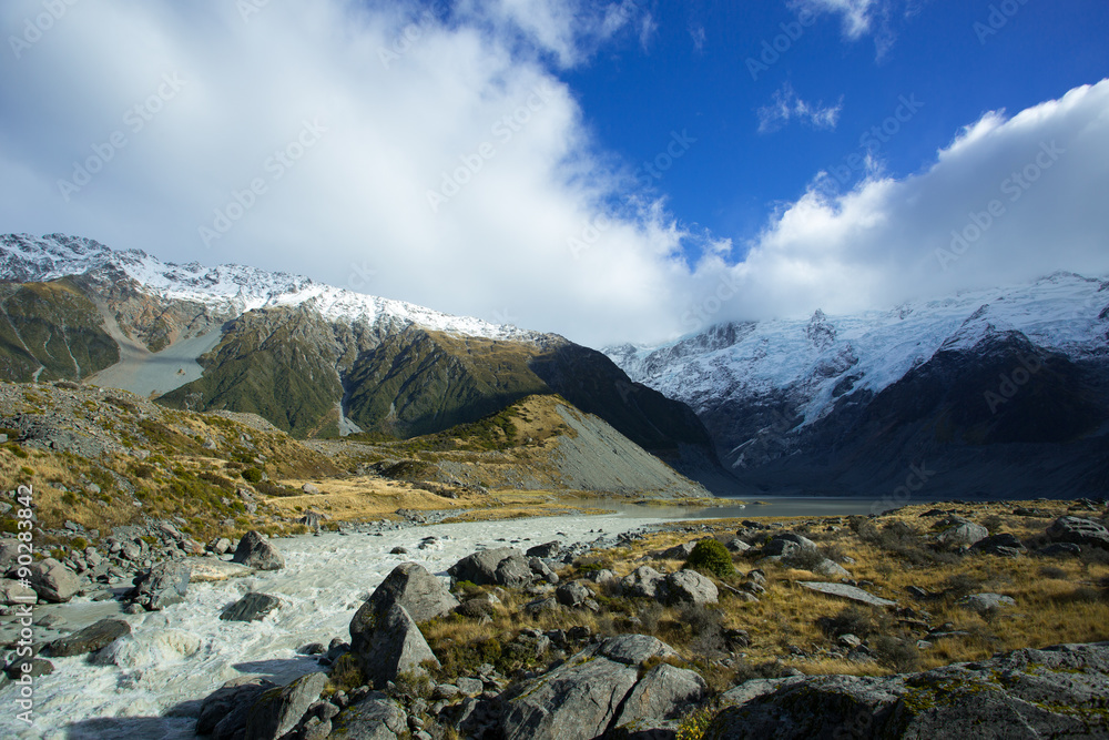 Fototapeta premium Mueller Lake is fed from melting of the Mueller glacier, in the Hooker valley of Aoraki Mount Cook National Park. Overflow of the lake forms the Hooker river.
