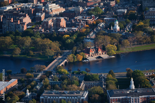 AERIAL VIEW of Cambridge and Anderson Memorial Bridge leading to Weld Boathouse, Harvard on Charles River, Cambridge, Boston, MA.