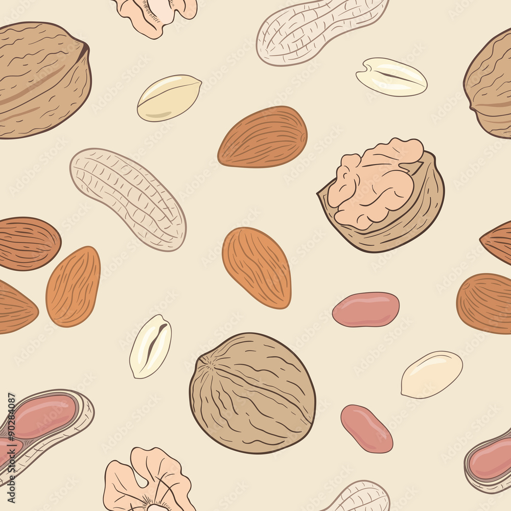 Shelled and whole walnuts, peanuts and almonds. Vector seamless pattern, eps10.
Shelled and whole walnuts, peanuts and almonds. Vector seamless pattern, eps10.