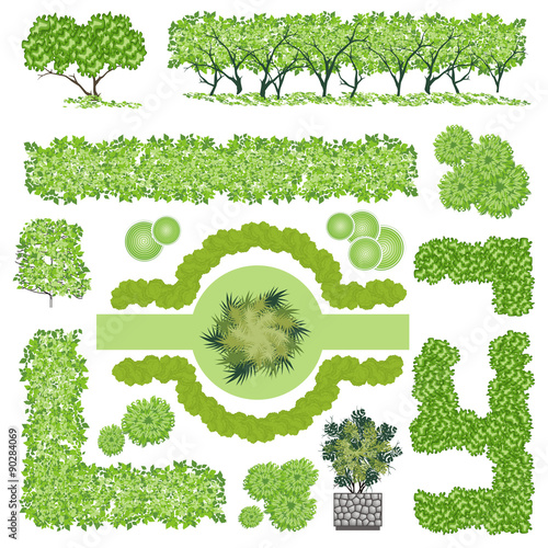 Trees and bush item top view for landscape design, vector icon.