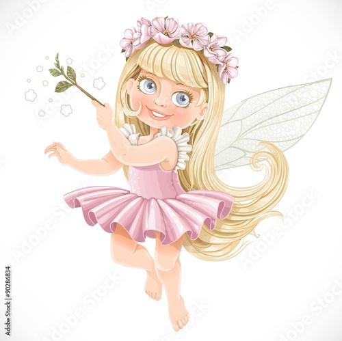 Cute little spring fairy girl in a pink tutu with a Magic wand i