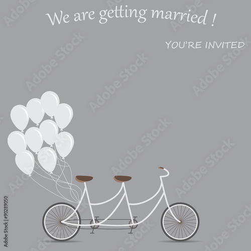 invitation card for the wedding. tandem bike for two. Balloons as decoration