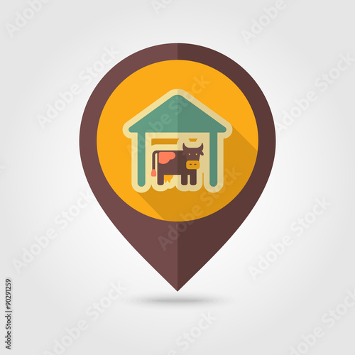 Cowshed flat mapping pin icon with long shadow