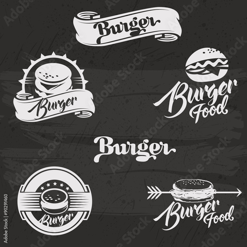 Burgers logo set in vintage style. Retro hand drawn burger photo