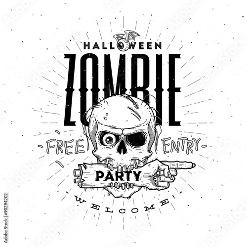 Halloween party poster with zombie head and hand - line art vector illustration