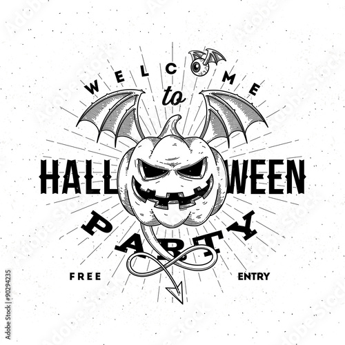 Halloween party invitation with flying pumpkin - line art vector illustration