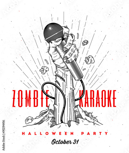 Zombie hand with microphone from ground -  invitation for halloween karaoke party