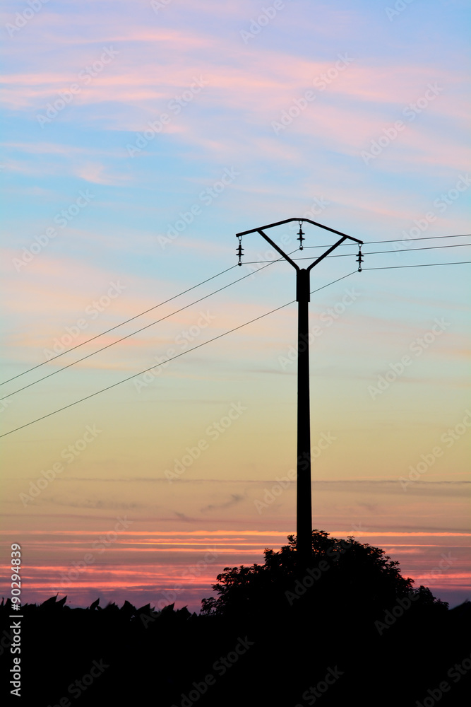 Sunset over the Charente-Maritime region of France with telegraph post