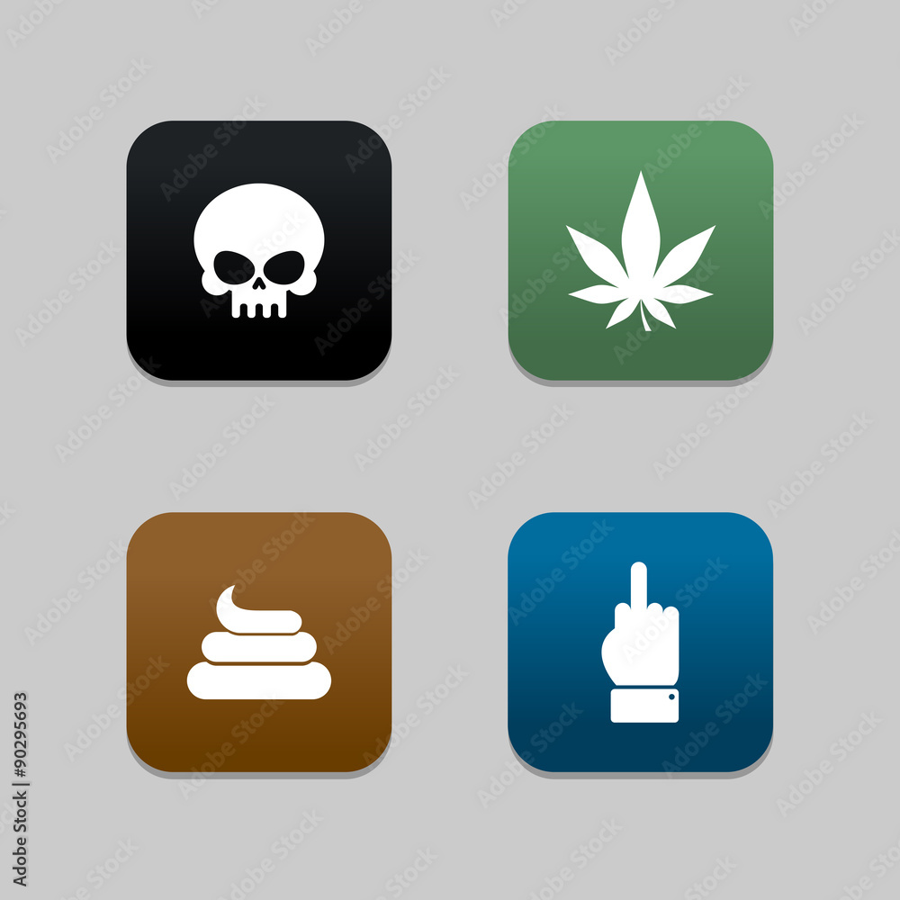 Web icons for Bully: shit and cannabis. Fuck and skull. Set of F