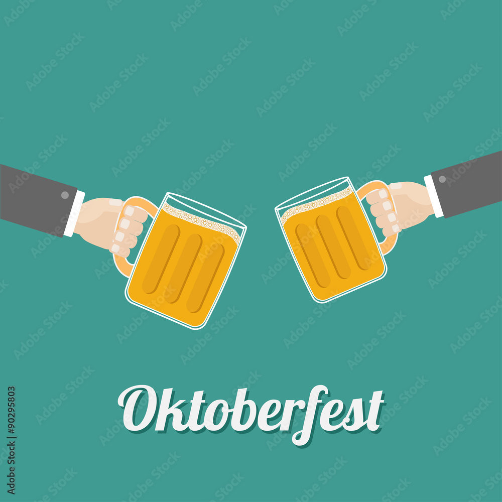 Oktoberfest Two hands and clink beer glasses mug with foam cap froth