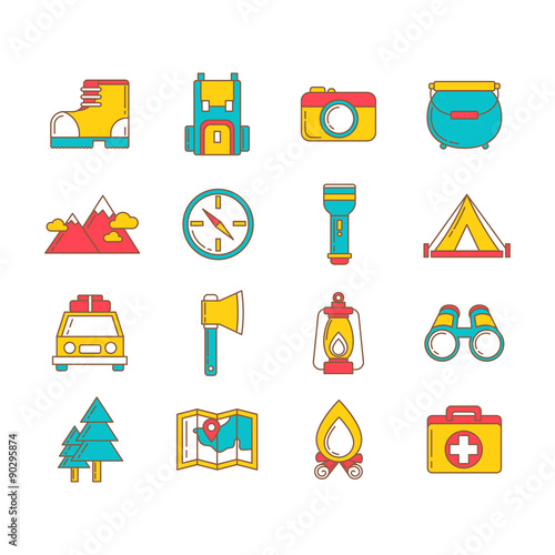 A set of hiking thin lined flat icons in outlined style with camping infographic elements - car, tent, campfire, mountains, trees, camera, backpack, map